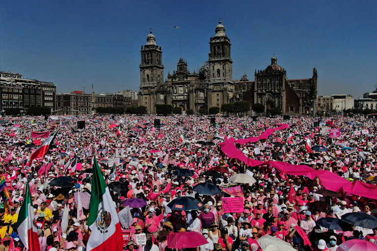 A massive protest march in Mexico City's main square, The Zocalo