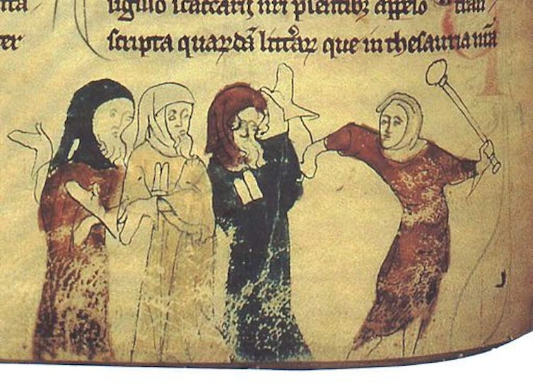 A yellowed manuscript shows one figure with a stick threatening three others; all wear robes and head coverings.