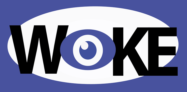 'Woke' black text with a blue eye in the middle as the letter 'o'