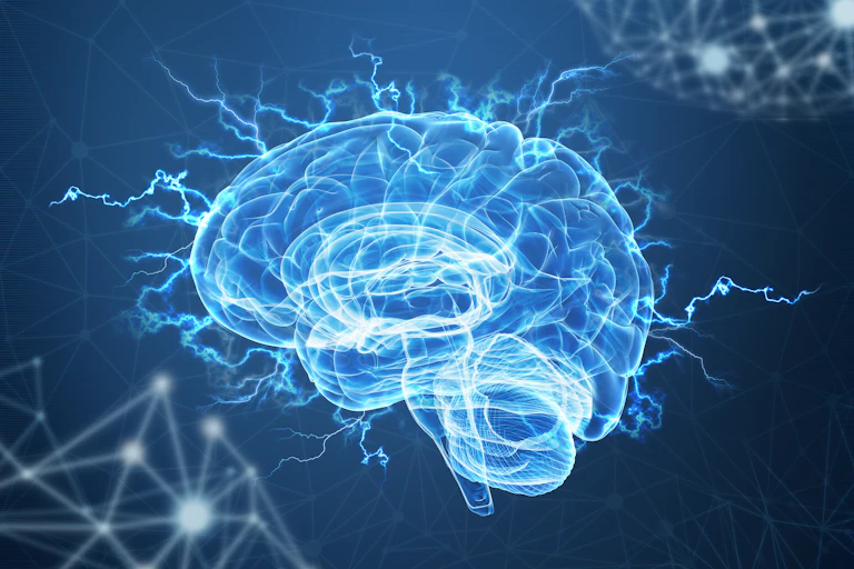 A translucent illustration of a brain on a blue background with electric currents streaming from it