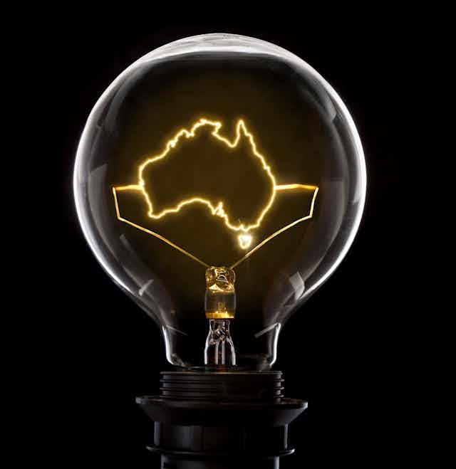 Clean and shiny lightbulb with Australia as a glowing wire