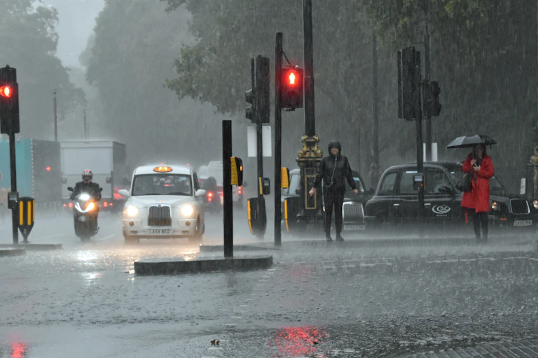 Taxis and pedestrians in rainy street
