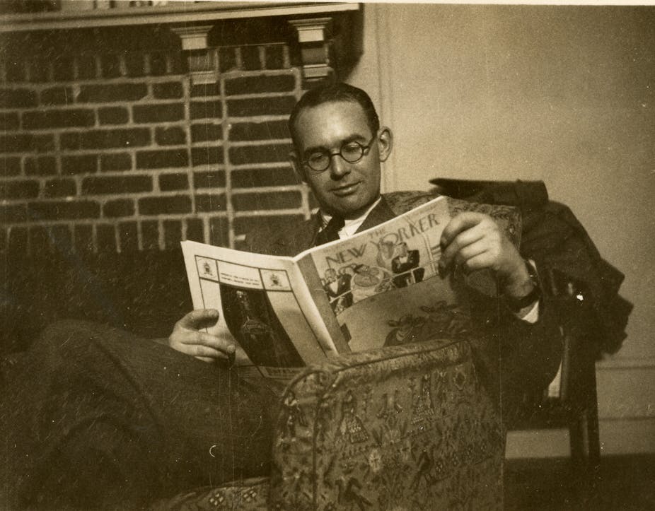 A man wearing round spectacles reads a copy of the New Yorker magazine. The entire picture has a sepia hue. 