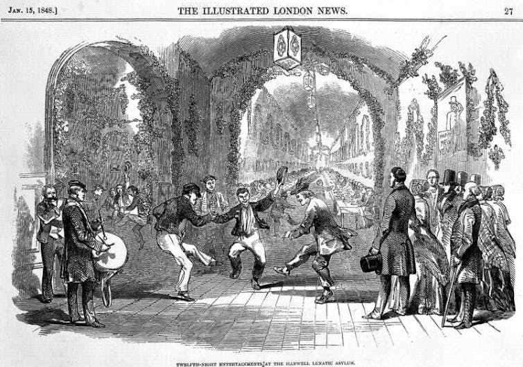 An illustration depicting asylum patients dancing at a ball.