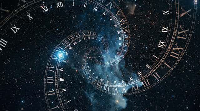 The composition of the space of time, the flight in space in a spiral of Roman clocks .
