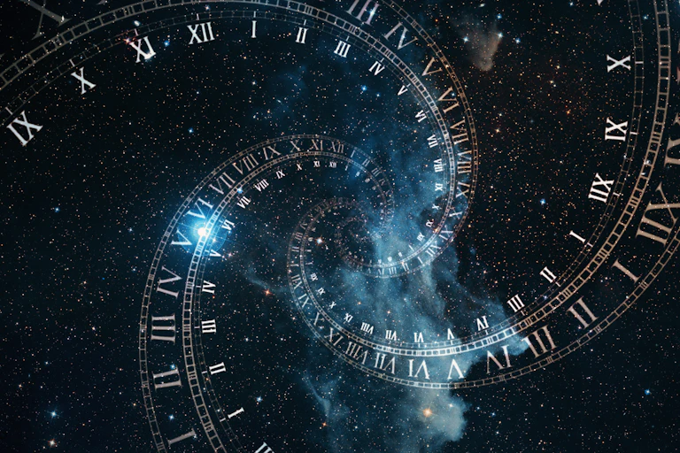 The composition of the space of time, the flight in space in a spiral of Roman clocks .