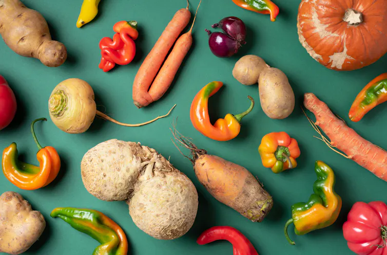 Trendy ugly organic vegetables. Assortment of fresh eggplant, onion, carrot, zucchini, potatoes, pumpkin, pepper on green background.
