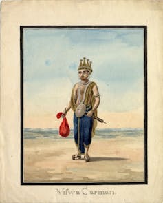 A male figure wearing a crown and holding a red bag in one hand.