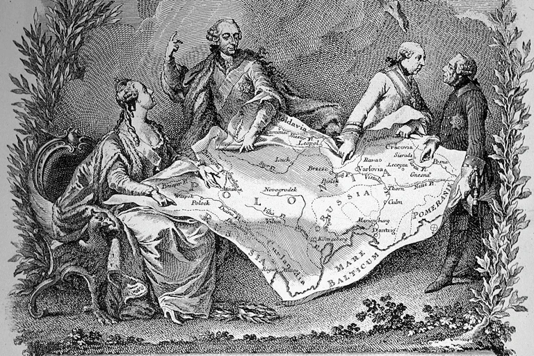 Dessin représentant les empereurs de Russie, d'Autriche et de Prusse se partageant la Pologne