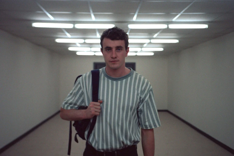 Paul Mescal stands in a bare corridor with a rucksack over one arm, staring straight into camera.