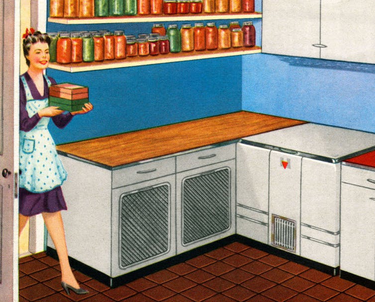 Drawing of a woman entering a pantry with exposed shelves.