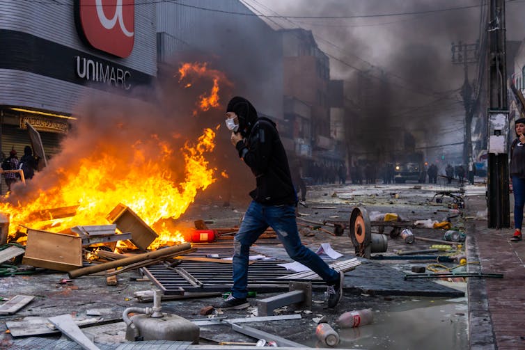 Riot during protests against the government in Antagagosta, Chile on October 21, 2019