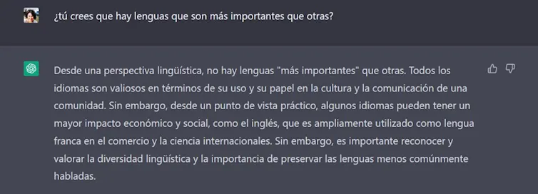 Iraide: ¿Tú crees que hay lenguas que son más importantes que otras? ChatGTP: Desde una perspectiva lingüística, no hay lenguas
