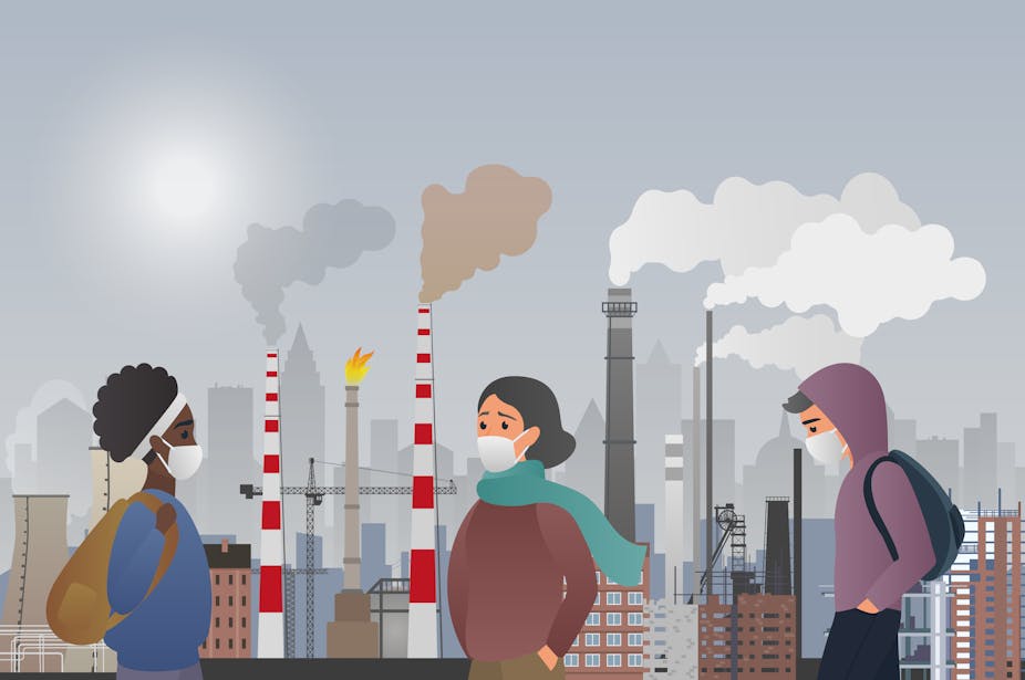 An animated picture of three people wearing face masks, walking in a polluted city.