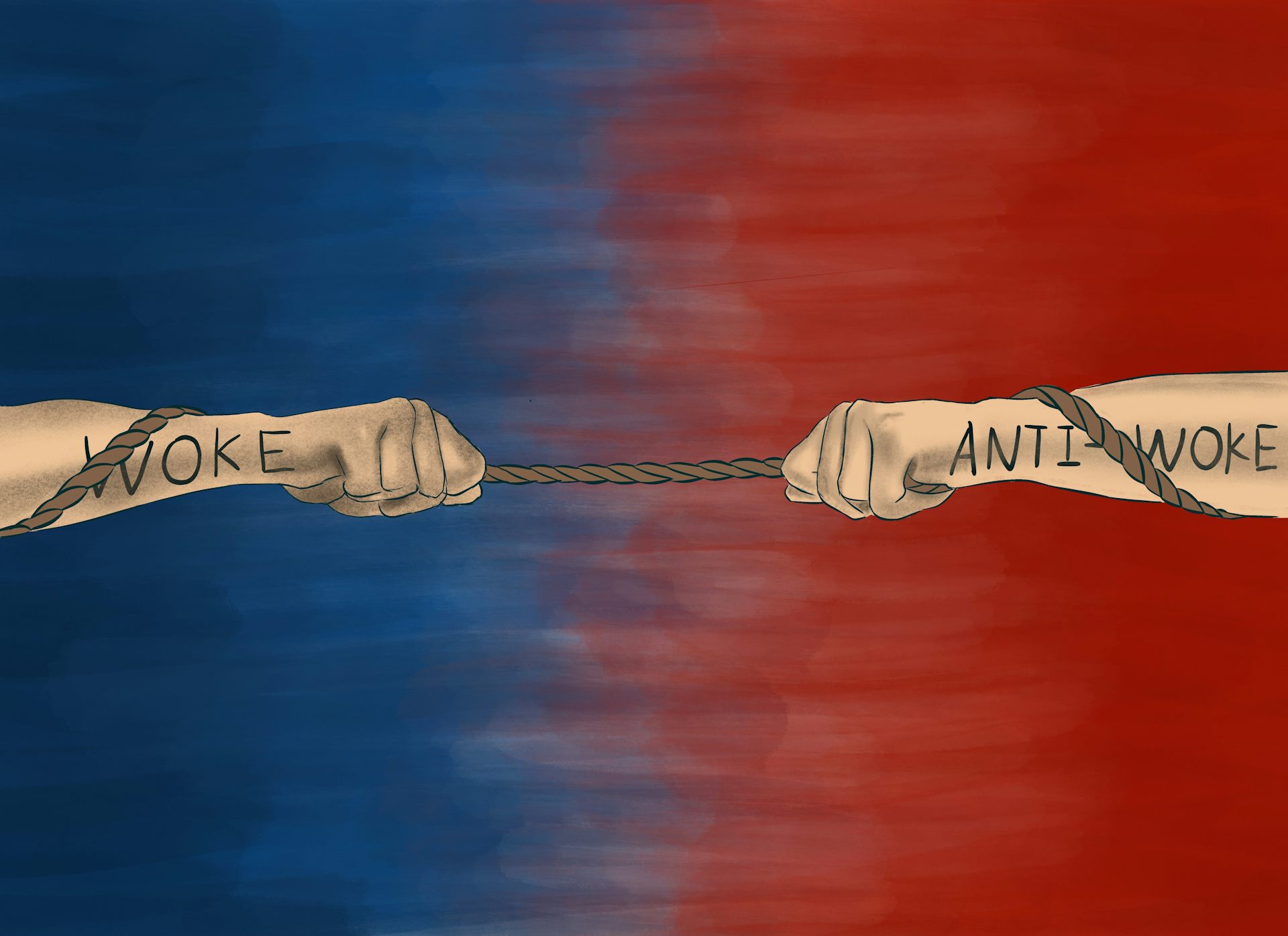 Tug of war between two hands with words 'WOKE' on left-hand and 'ANTI-WOKE' on right