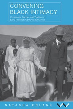 A book cover showing blue layout and a black and white photo of a traditional African rural scene with a couple marrying in formal western attire.