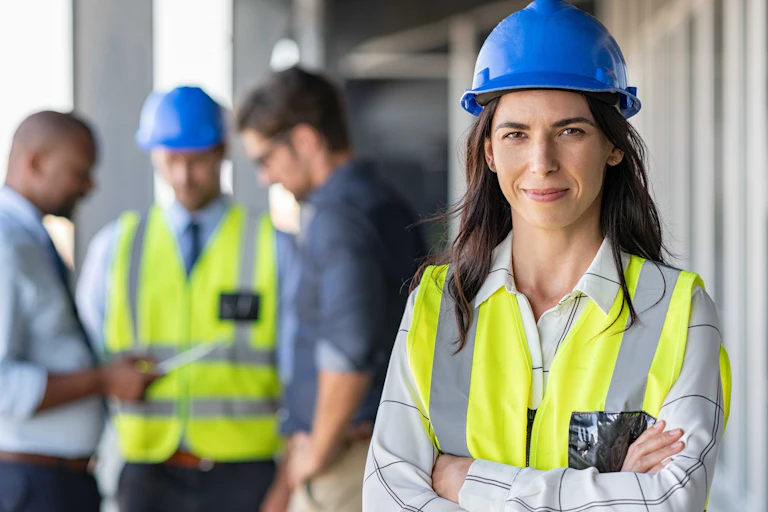Mujer con casco de obra en primer plano; al fondo un grupo de hombres conversa.
