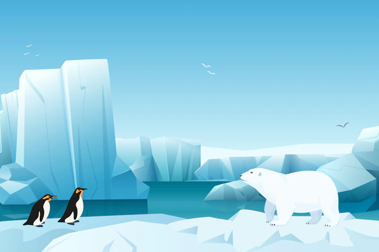 Illustration d'un ours polaire et de deux manchots sur la banquise.