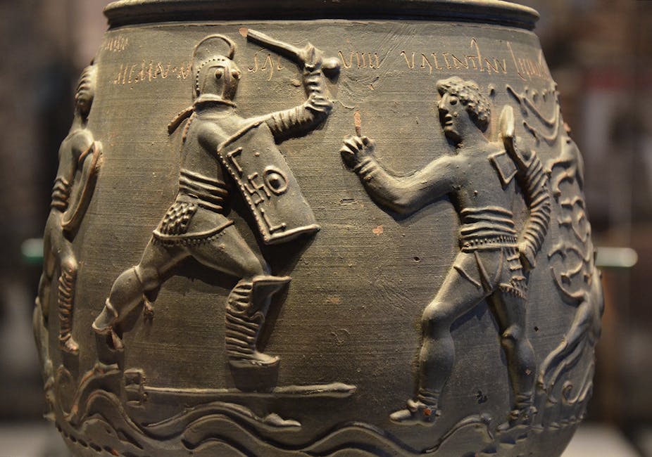 The Colchester vase – a brown pot showing two warring gladiators. 