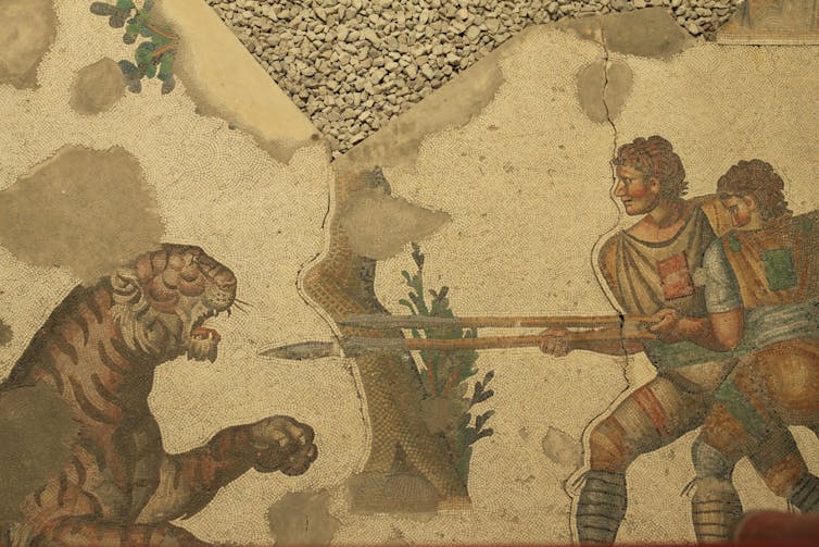 A mosaic showing gladiators fighting off a tiger with a spear