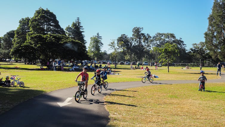 children riding bikes and people picnicking and walking in a park