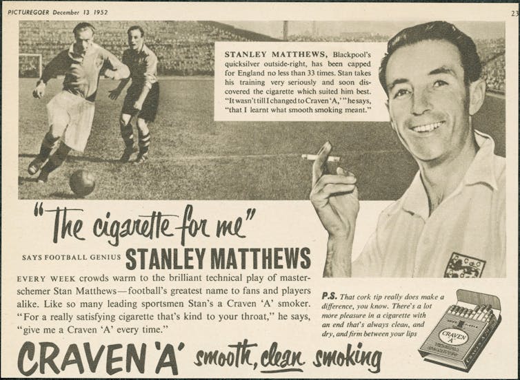 An old advert with footballer Stanley Matthews endorsing menthol cigarettes.