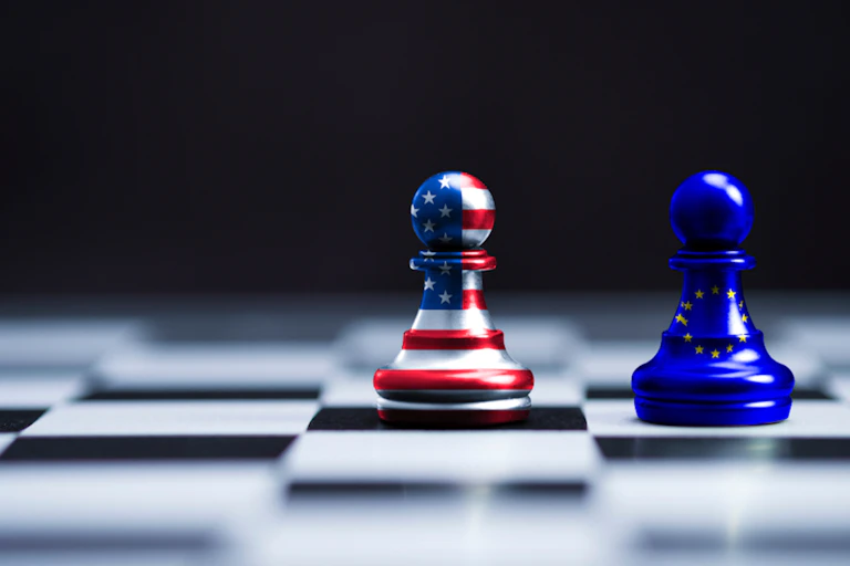 Illustration d'une partie d'échec entre l'UE et les Etats-Unis