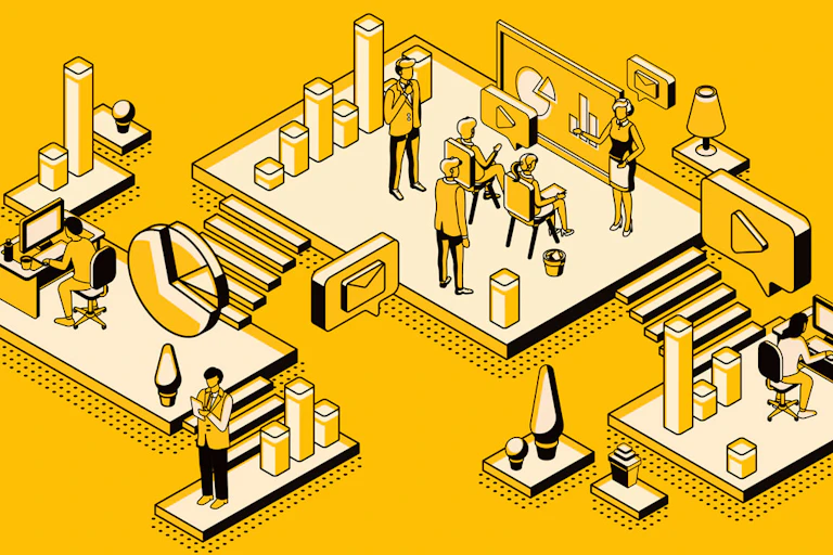 Ilustración con personas trabajando.
