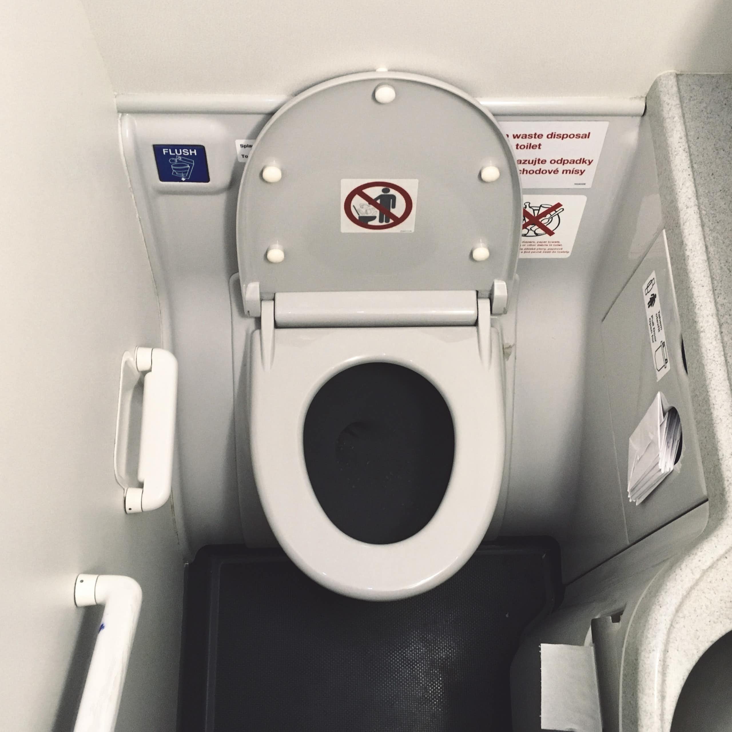 Airplane toilet with the lid up and small sink next to it