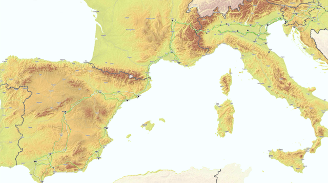 Mapa geográfica de Europa occidental con el trazado de las vías del corredor Mediterráneo.