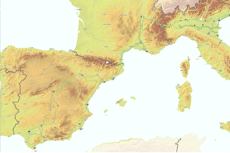 Mapa geográfica de Europa occidental con el trazado de las vías del corredor Mediterráneo.