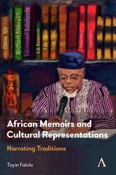 A book cover showing a photograph of a man in traditional African attire sitting and reading into a microphone from a large book.