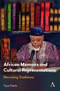 A book cover showing a photograph of a man in traditional African attire sitting and reading into a microphone from a large book.