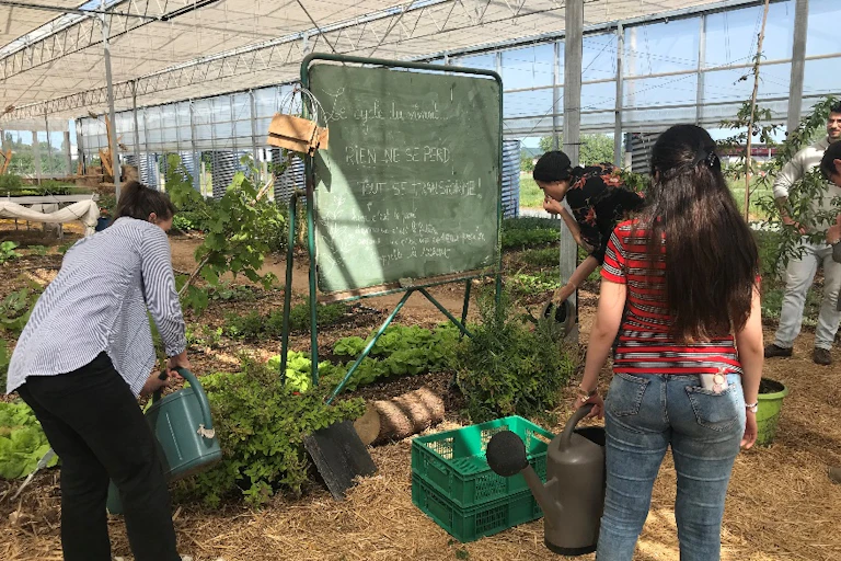 jeunes qui jardinent dans une serre