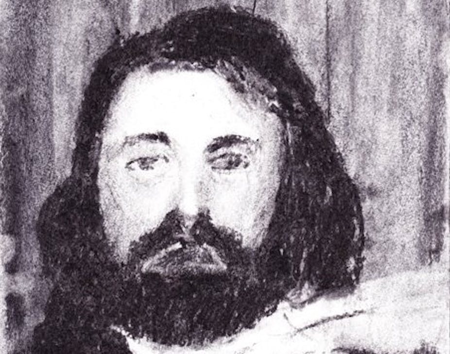 Charcoal on paper image of a man with full hair and a beard.