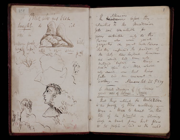 Pages from Davy's notebook showing sketches of a head alongside his equations and poetry.