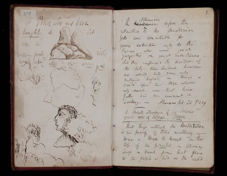 Pages from Davy's notebook showing sketches of a head alongside his equations and poetry.