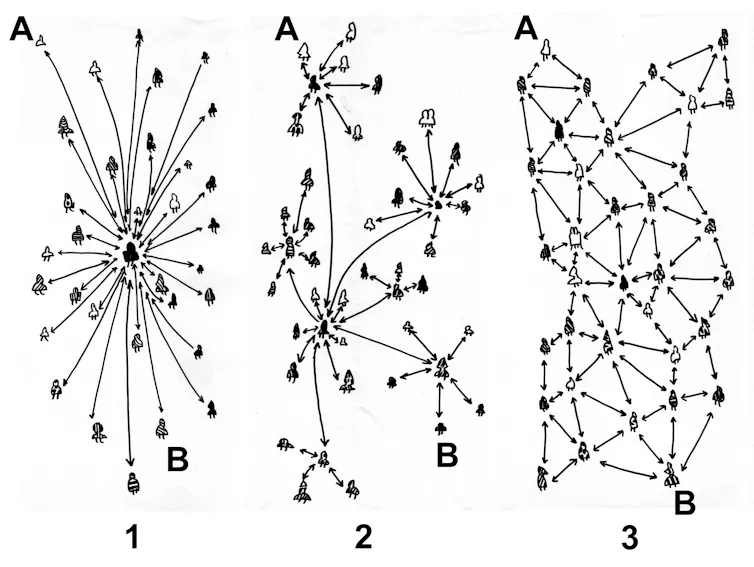 three diagrams showing many tiny figures connected by lines