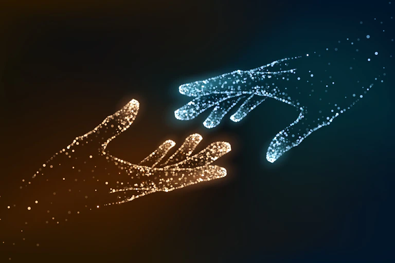 two digital hands — one yellow and one blue — reach out to touch
