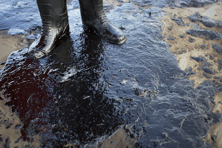 A person's boots, standing in an oil spill.