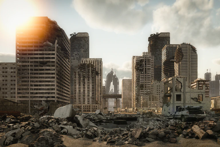 A desolate urban landscape with building walls burnt and riddled with holes. There is lots of rubble on the streets.