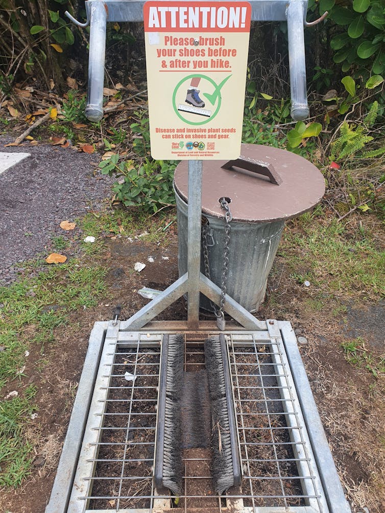 A sign above a metal brush directs hikers to clean their boots