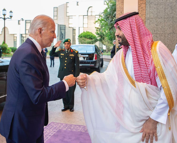 US president Joe Biden bumps fists with Saudi Crown Prince Mohammed Bin Salman in Riyadh, July 2022.