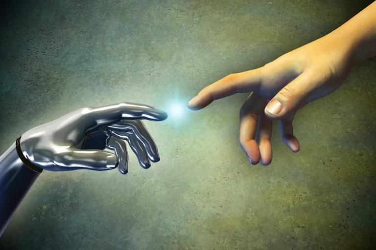 An android hand reaches out to touch a human hand.
