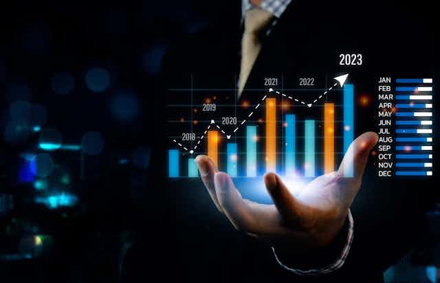 Big data graph virtual screen 2023 in economic analysis and investment finance and marketing planning business concept.