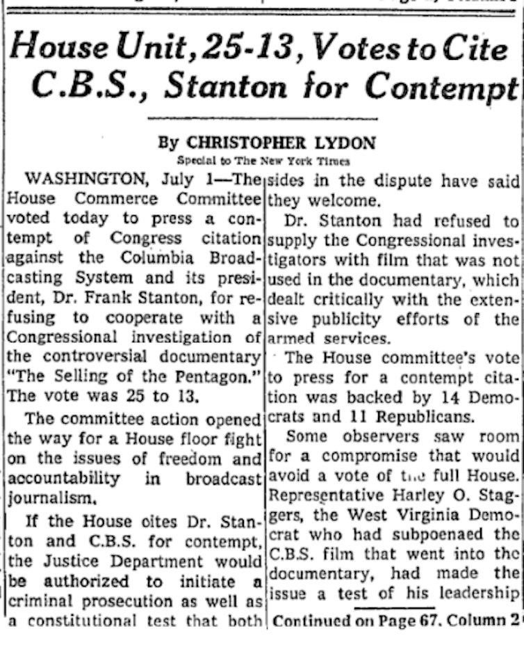 A screenshot of a clipping from the New York Times, July 2, 1971, about a contempt vote against CBS and its top executive.