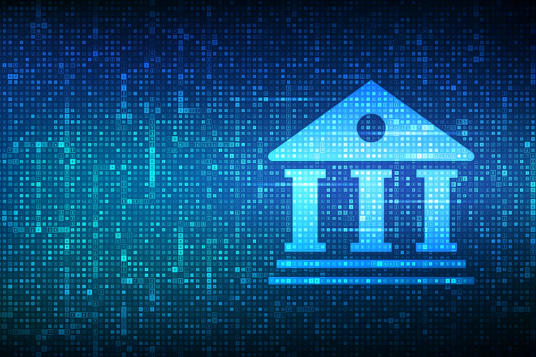 Bank icon surrounded by digital currency symbols