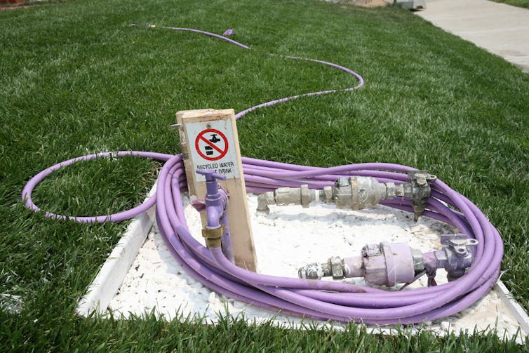 Purple tap and hose for recycled water with sign saying it's not for drinking