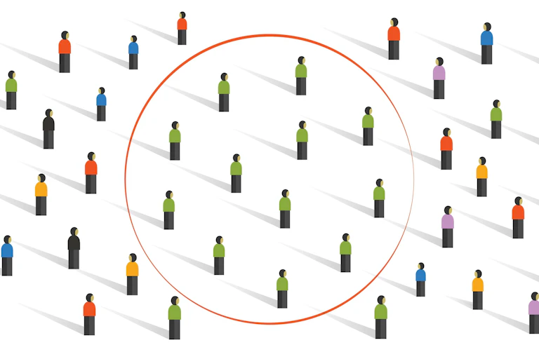 An illustration of human-like figures, with 12 centred in a red circle, all wearing the same green shirt and dark pants
