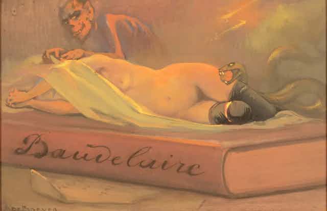 Dessin d'un démon recouvrant une femme nue sur un livre de Baudelaire.